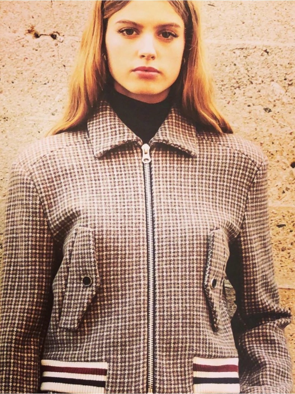 J.O.A. Brown Houndstooth Zip-Front Bomber Jacket with Stripe Trim